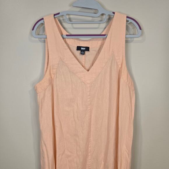 Women's DKNY Peach V-Neck Linen Blend Maxi Dress Side Slits | Size Medium - Picture 3 of 9